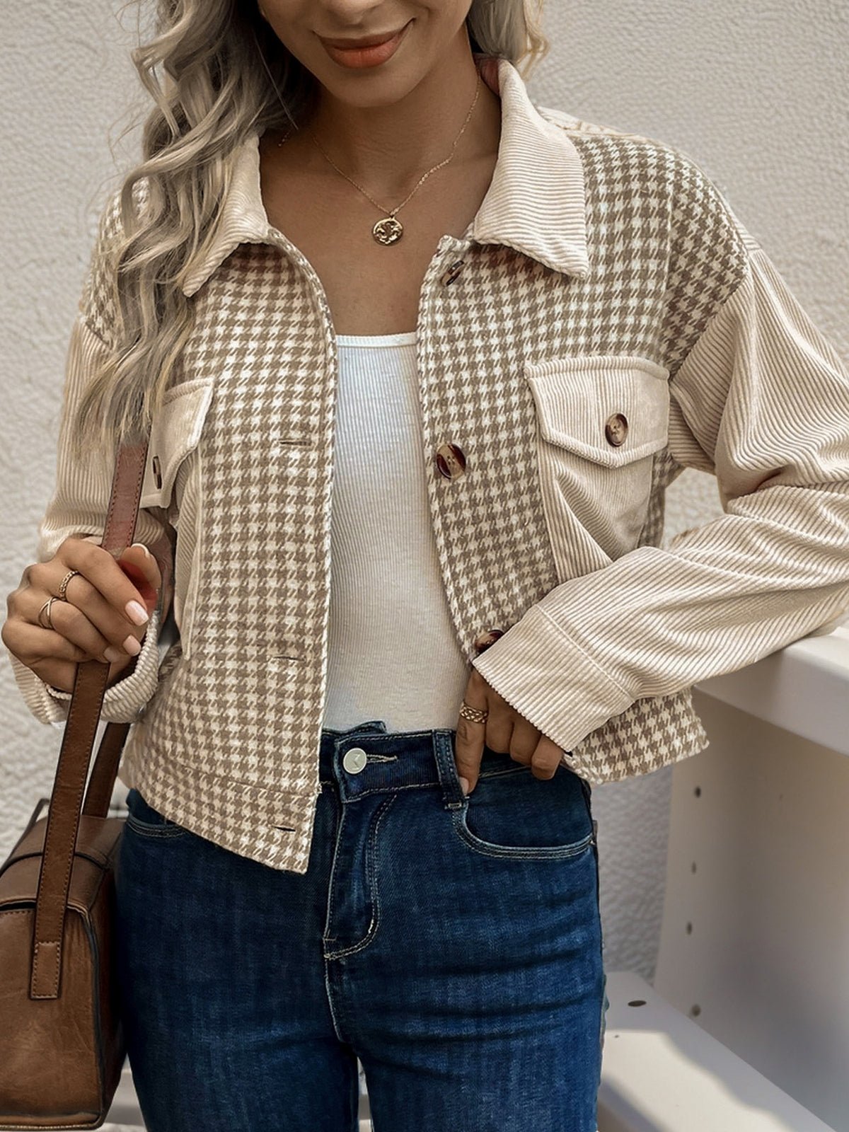 Houndstooth Panel Corduroy Cropped Jacket - Khaki