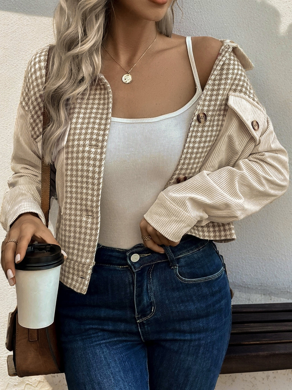 Houndstooth Panel Corduroy Cropped Jacket - Khaki - 1