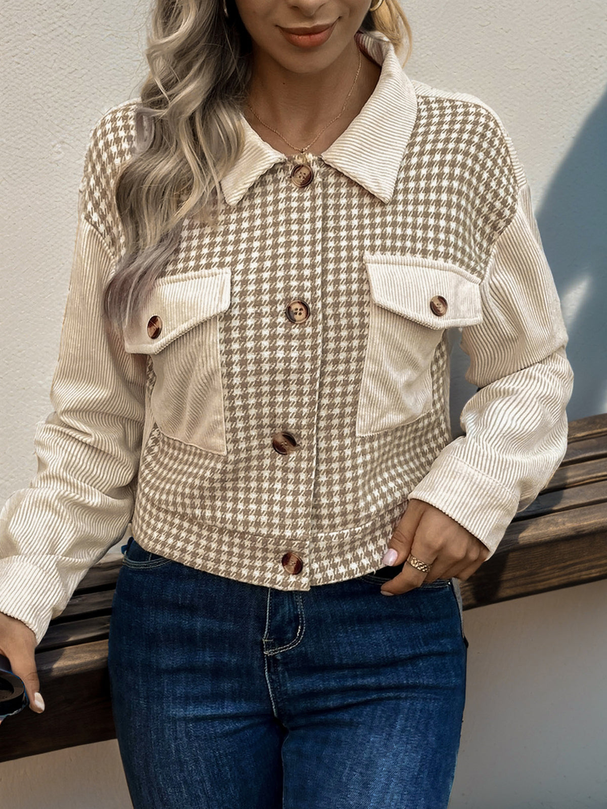 Houndstooth Panel Corduroy Cropped Jacket - Khaki - 2