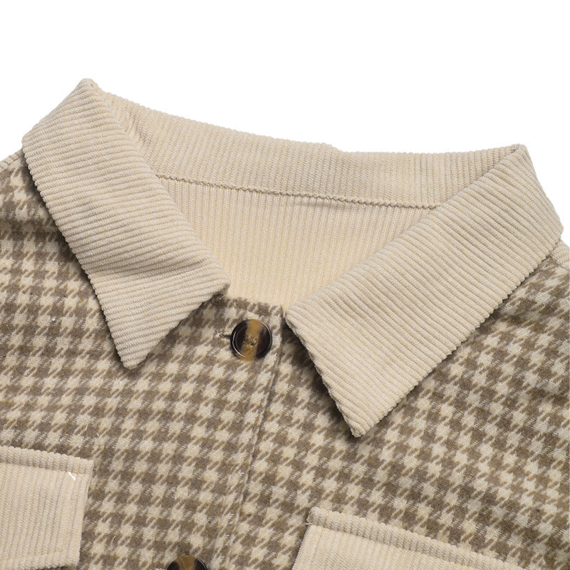 Houndstooth Panel Corduroy Cropped Jacket - Khaki - 4