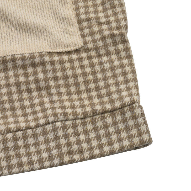 Houndstooth Panel Corduroy Cropped Jacket - Khaki - 5