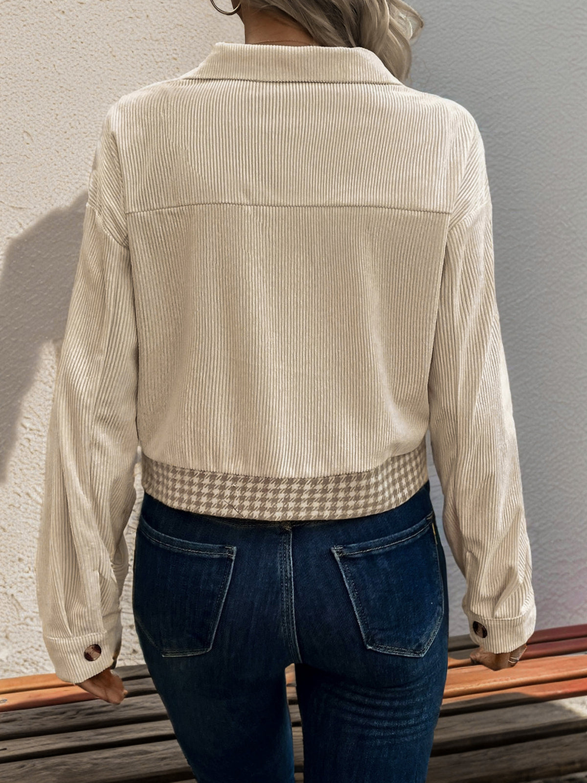 Houndstooth Panel Corduroy Cropped Jacket - Khaki - 6