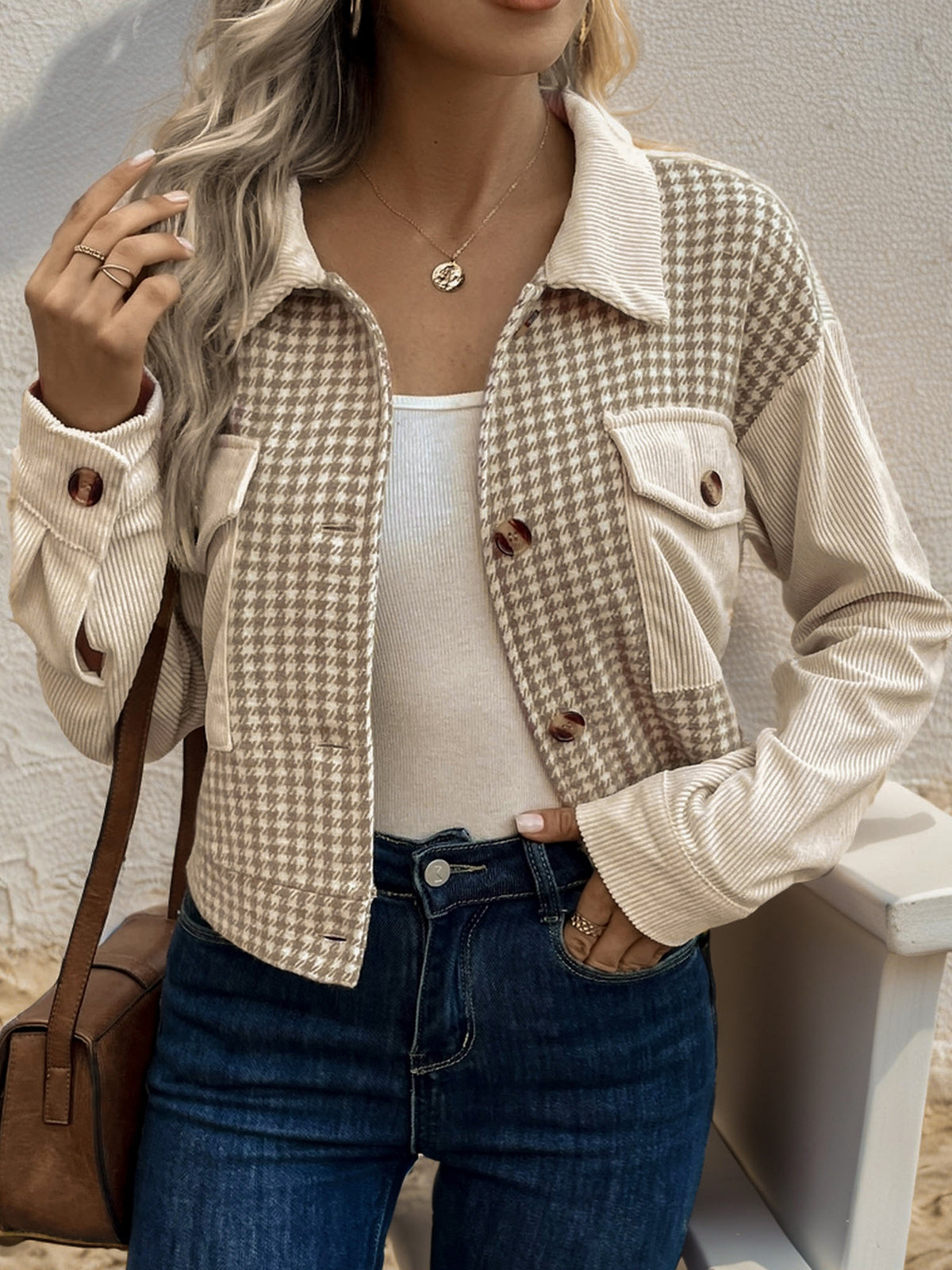 Houndstooth Panel Corduroy Cropped Jacket