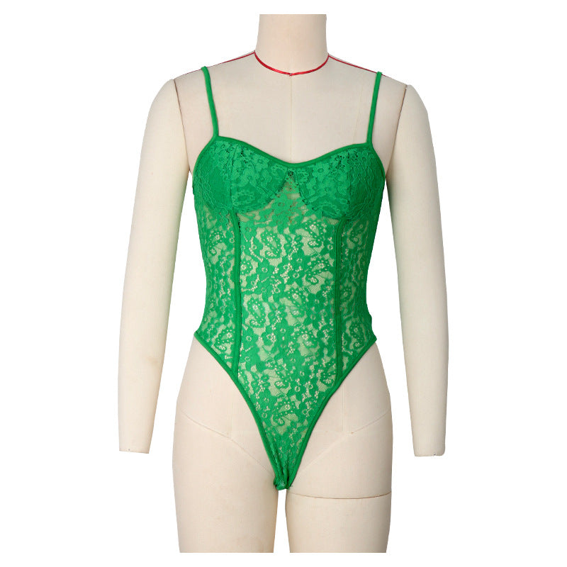 Lace Up Back Sheer Lace Bodysuit - Green