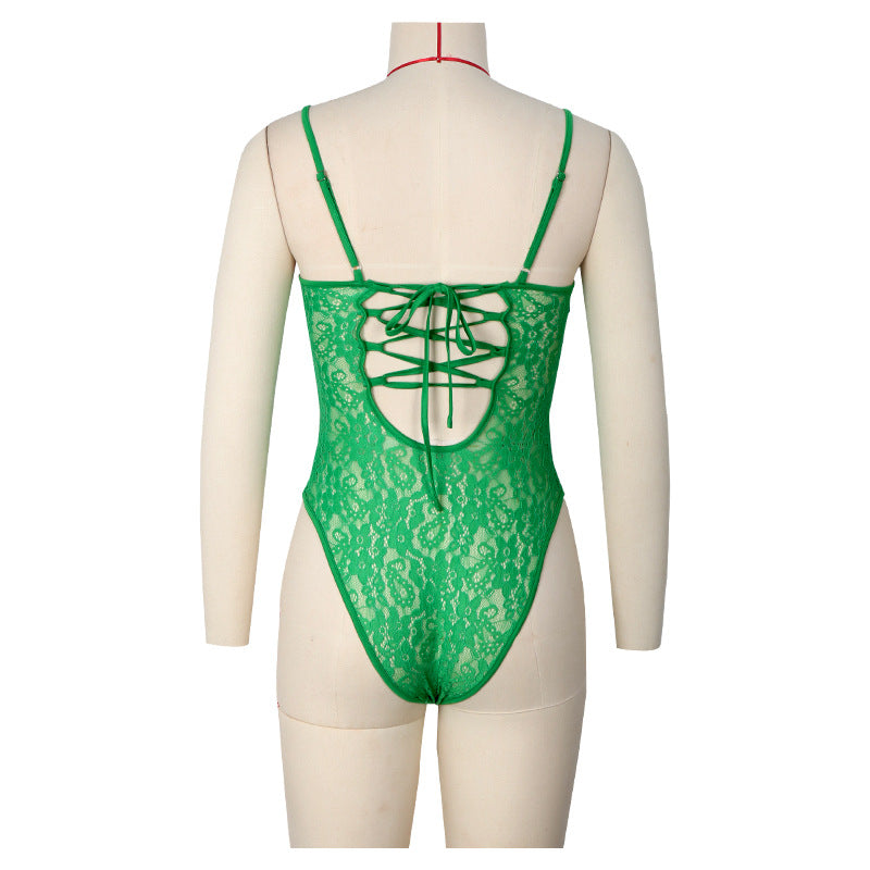 Lace Up Back Sheer Lace Bodysuit - Green - 1