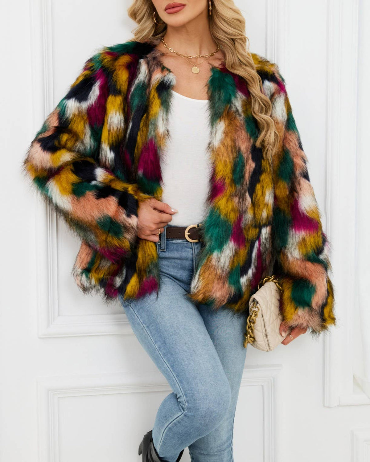 Multicolour Shaggy Faux Fur Round Neck Jacket