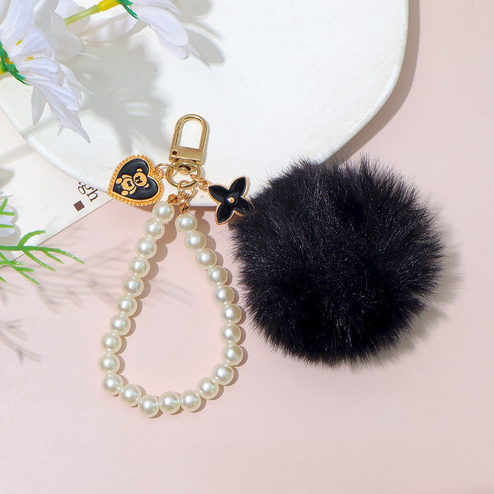 Pearl Chain Pom Pom Keychain Charm - Black