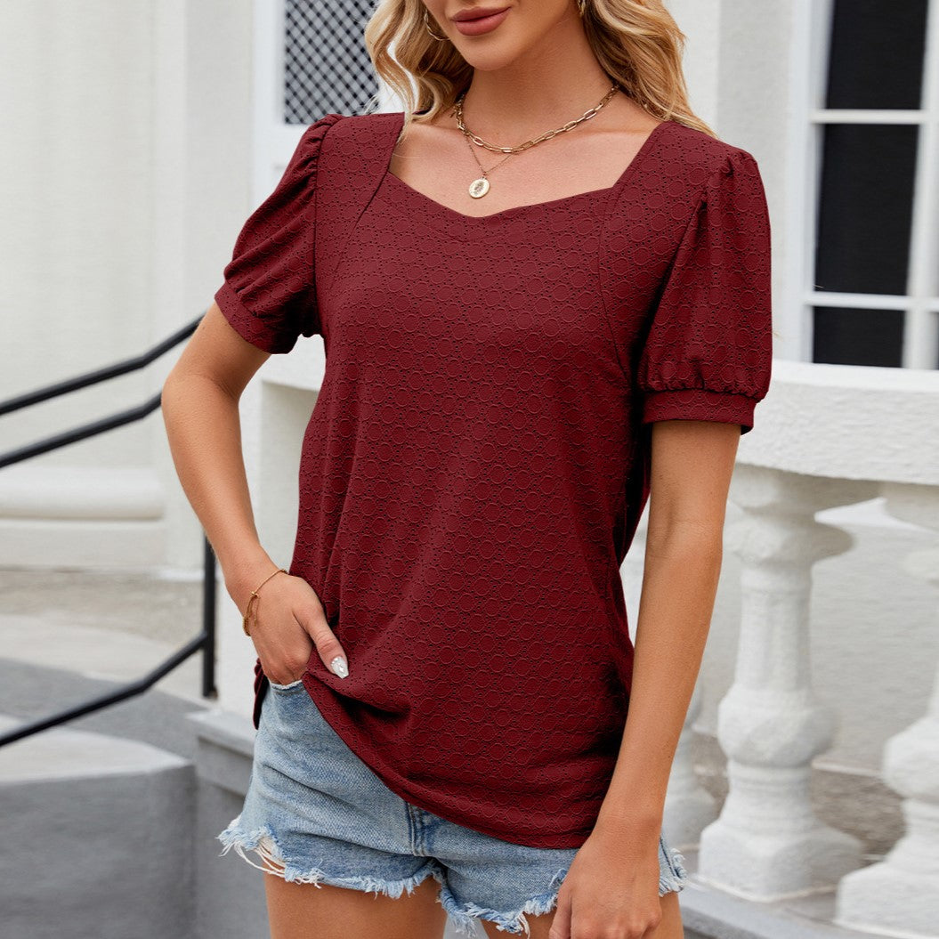 Sweetheart Neck Puff Sleeve Textured Blouse - Winered