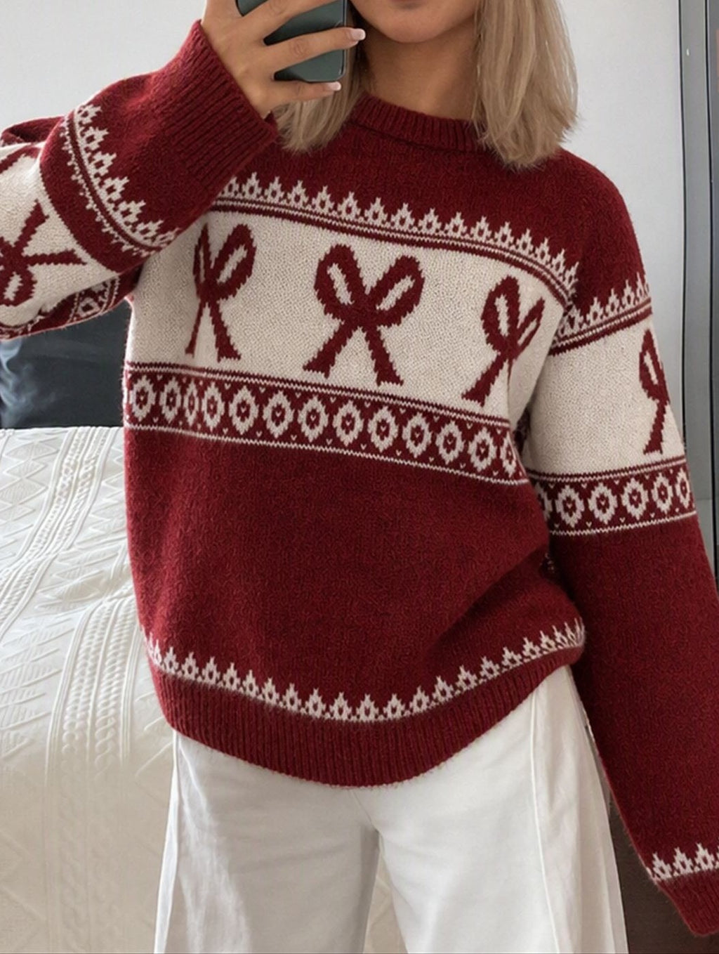 Bow Fair Isle Knit Crew Neck Relaxed Holiday Sweater - Red