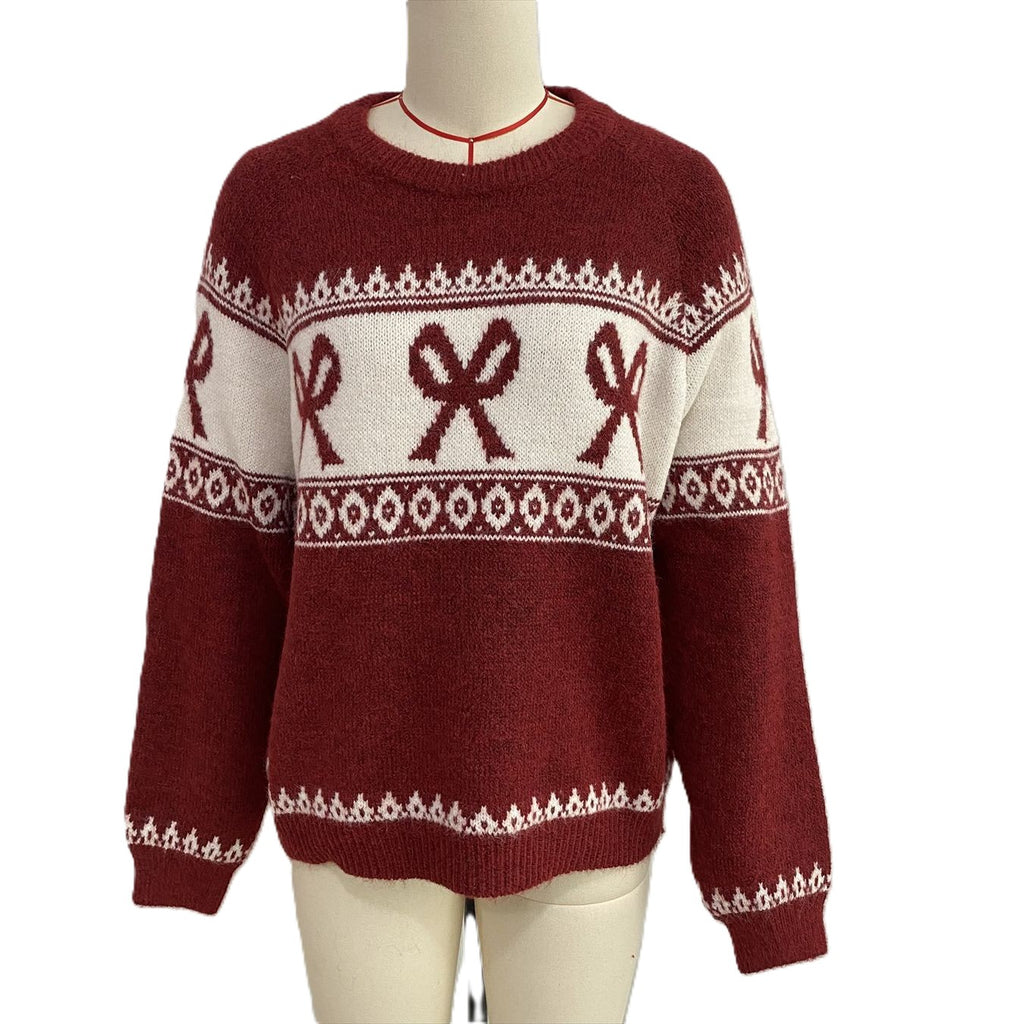 Bow Fair Isle Knit Crew Neck Relaxed Holiday Sweater - Red - 1