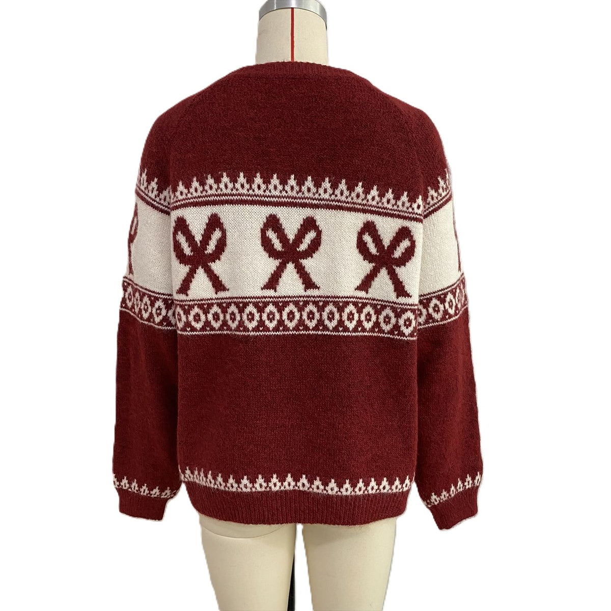 Bow Fair Isle Knit Crew Neck Relaxed Holiday Sweater - Red - 2