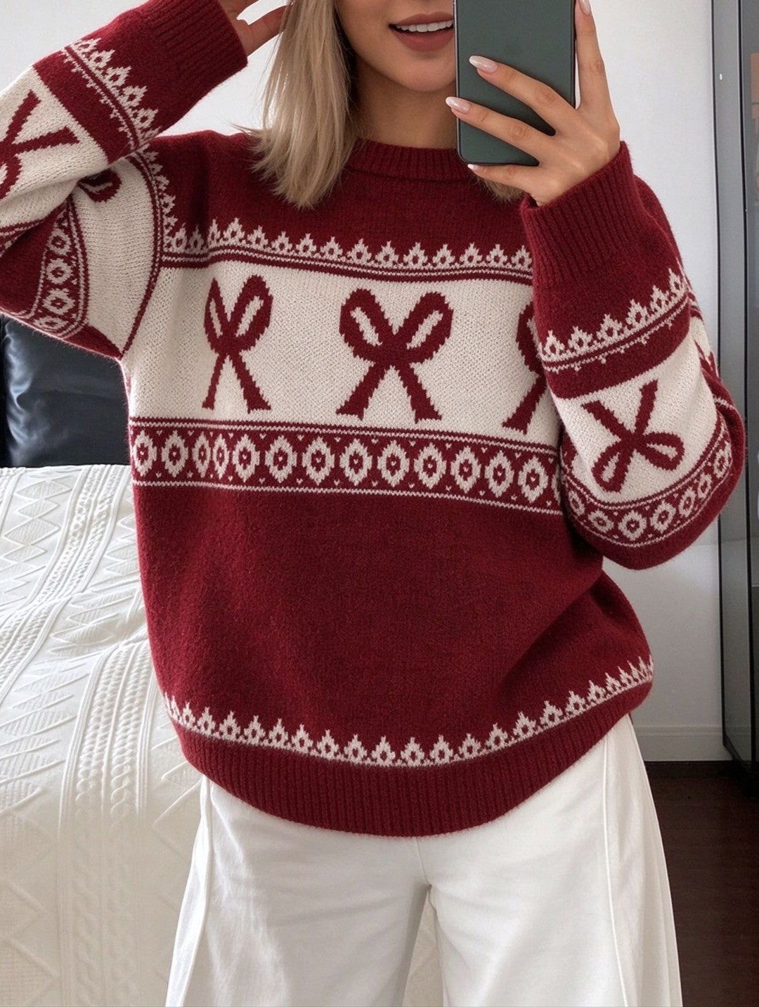 Bow Fair Isle Knit Crew Neck Relaxed Holiday Sweater - Red - 3