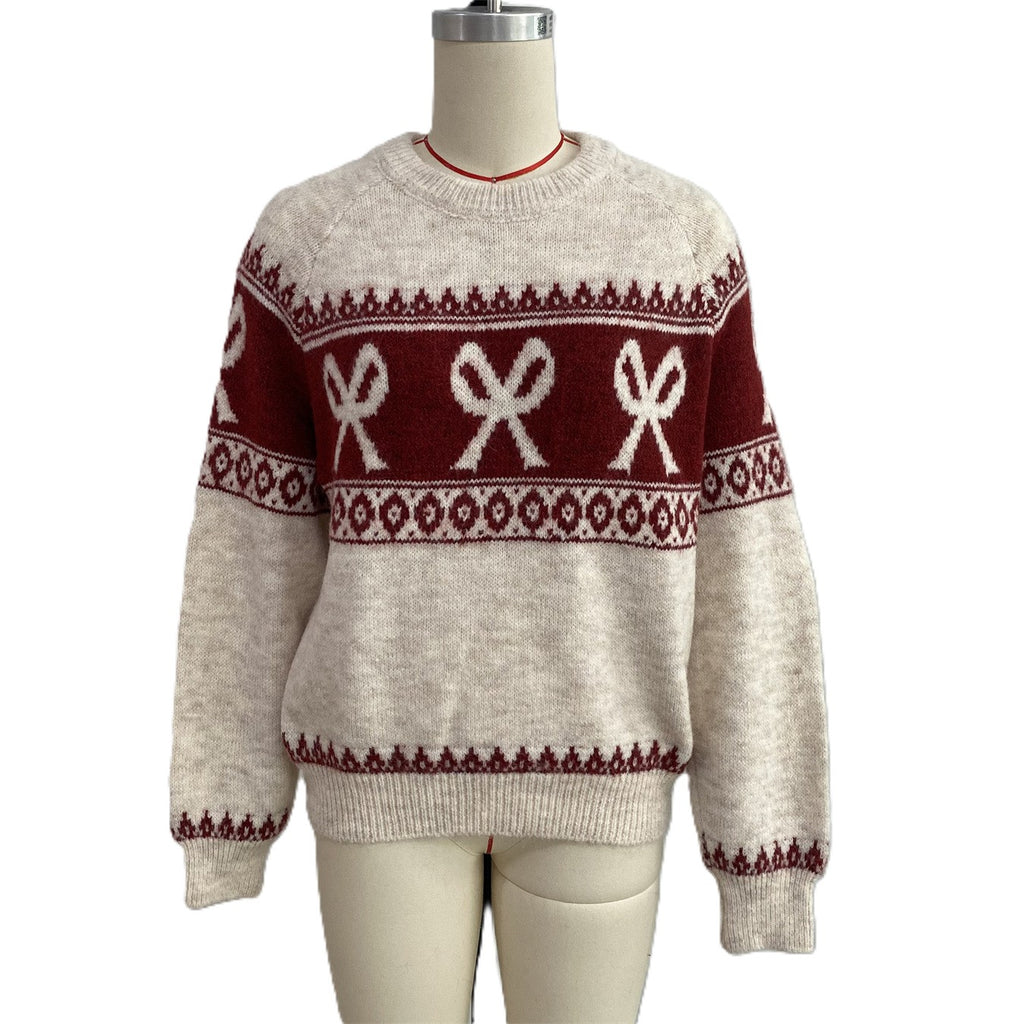 Bow Fair Isle Knit Crew Neck Relaxed Holiday Sweater - White