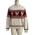 Bow Fair Isle Knit Crew Neck Relaxed Holiday Sweater - White