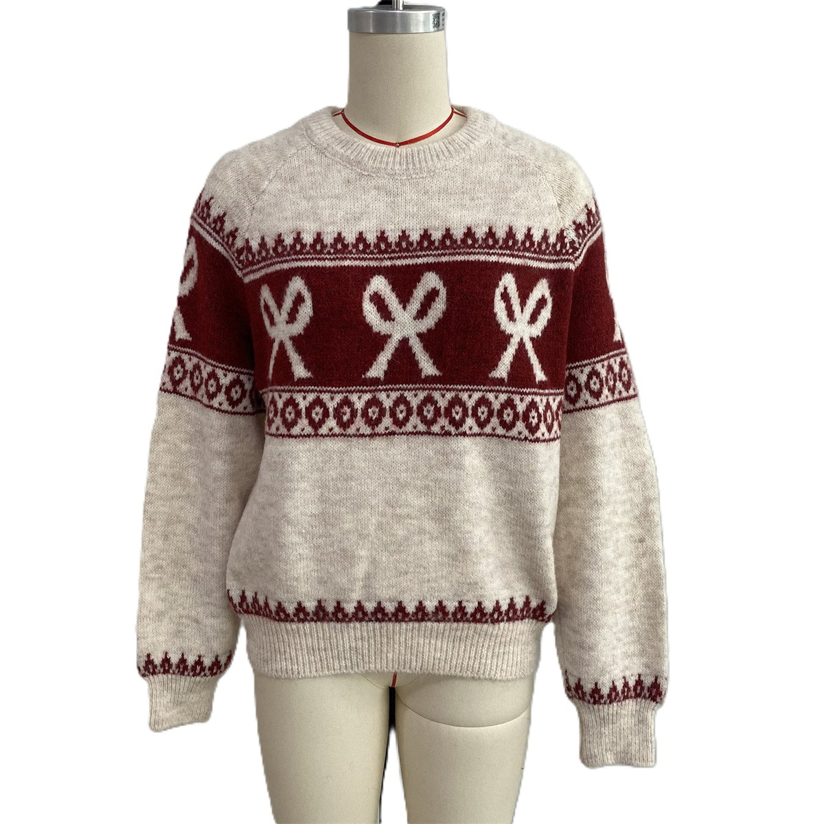 Bow Fair Isle Knit Crew Neck Relaxed Holiday Sweater - White