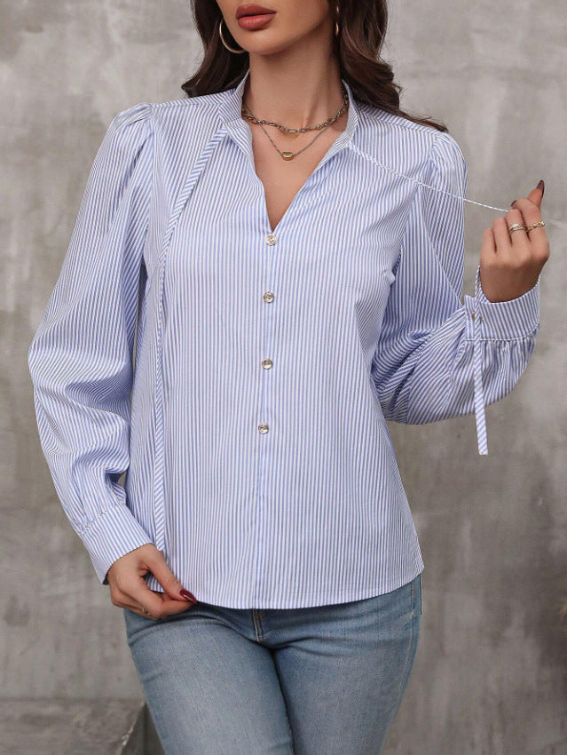 Striped Tie Neck Puff Sleeve Shirt - Blue