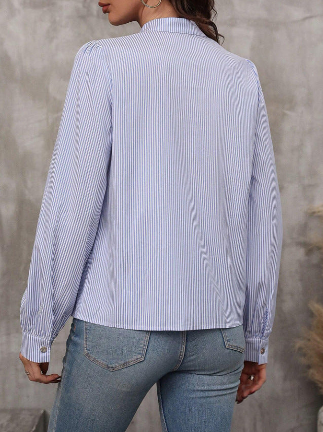 Striped Tie Neck Puff Sleeve Shirt - Blue - 1
