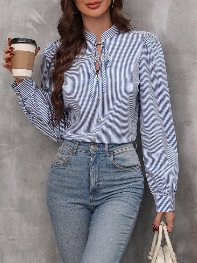 Striped Tie Neck Puff Sleeve Shirt - Darkblue