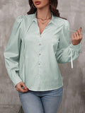 Striped Tie Neck Puff Sleeve Shirt - Green