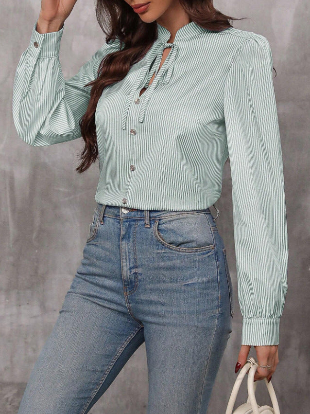 Striped Tie Neck Puff Sleeve Shirt - Green - 1