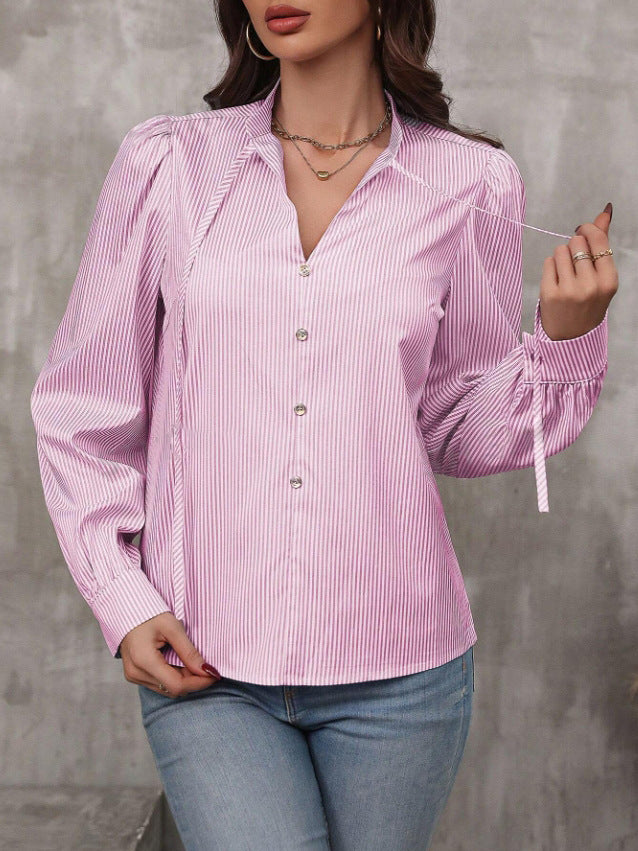Striped Tie Neck Puff Sleeve Shirt - Pink