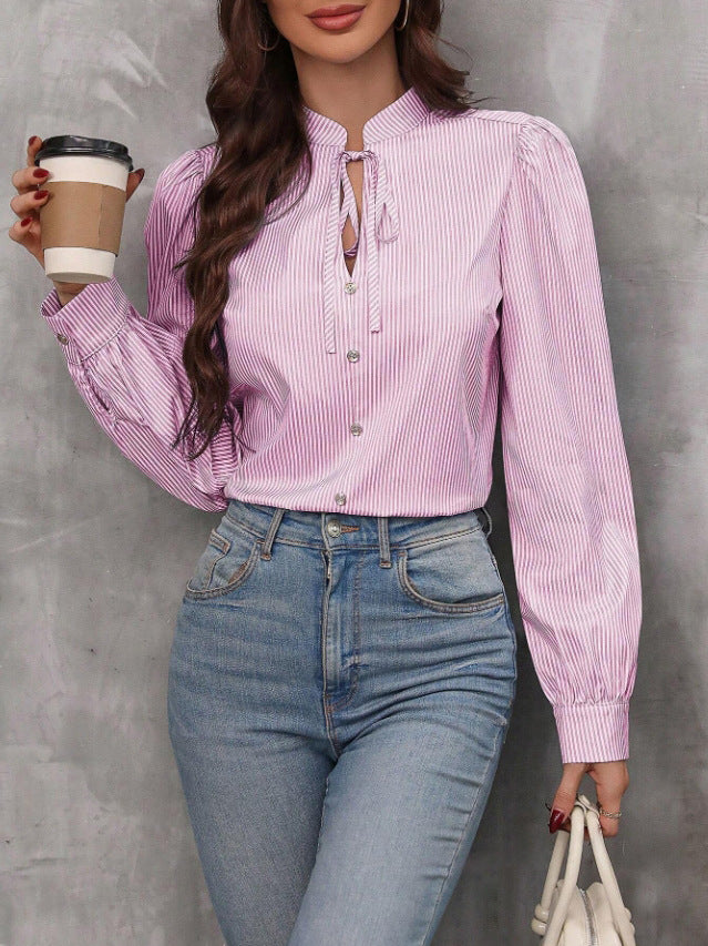Striped Tie Neck Puff Sleeve Shirt - Pink - 1