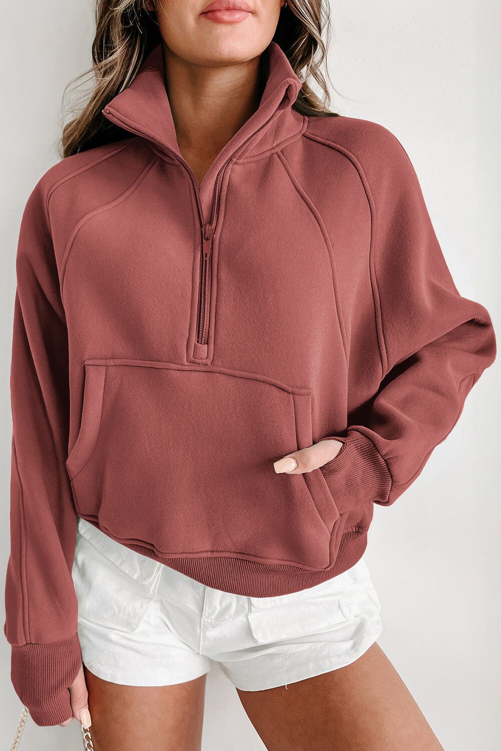 Half Zip Stand Collar Cropped Sweatshirt - BrickRed
