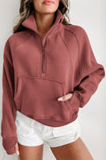 Half Zip Stand Collar Cropped Sweatshirt - BrickRed