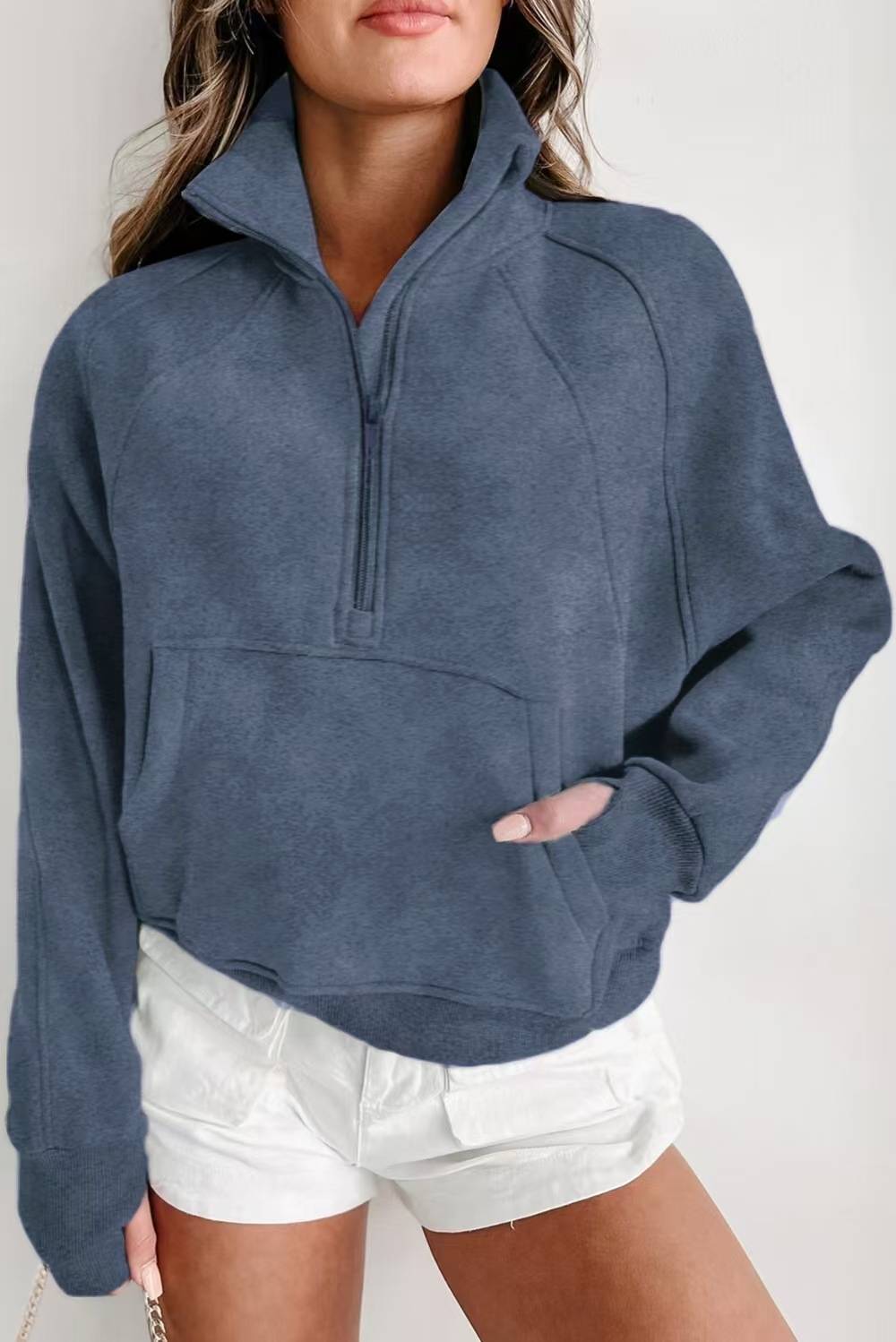 Half Zip Stand Collar Cropped Sweatshirt - GreyBlue