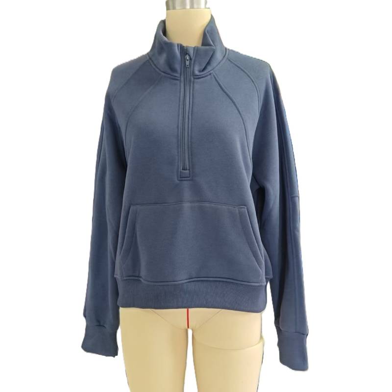 Half Zip Stand Collar Cropped Sweatshirt - GreyBlue - 1