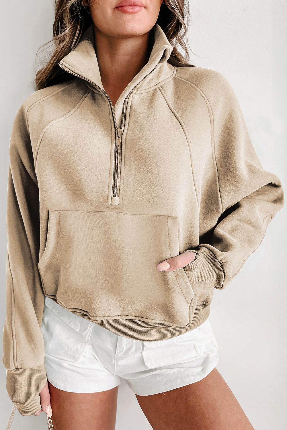 Half Zip Stand Collar Cropped Sweatshirt - Khaki