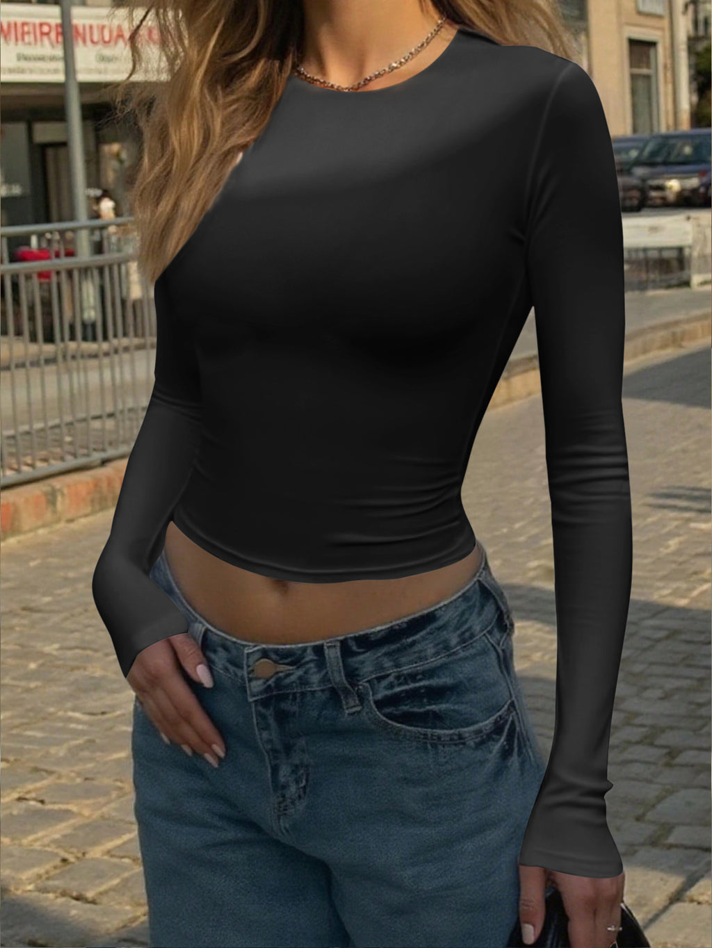 Fitted Long Sleeve Crewneck Basic Tee - Black - 4
