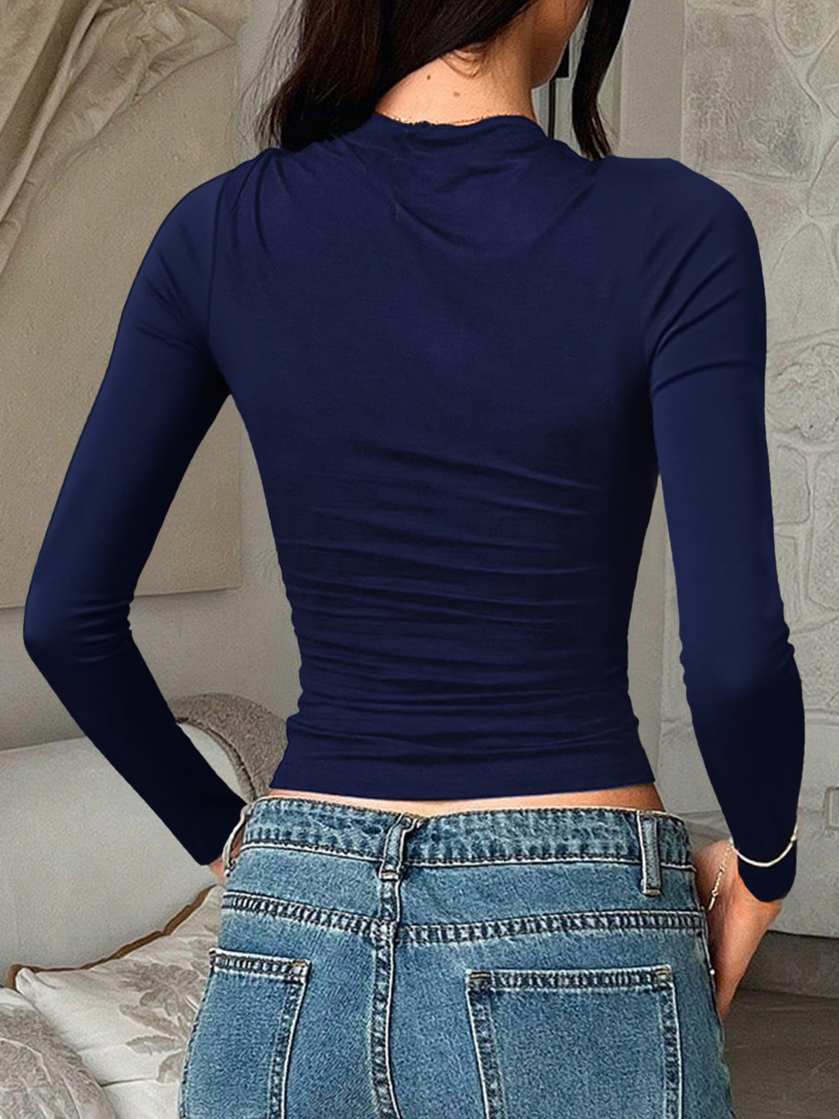 Fitted Long Sleeve Crewneck Basic Tee - Navy - 2