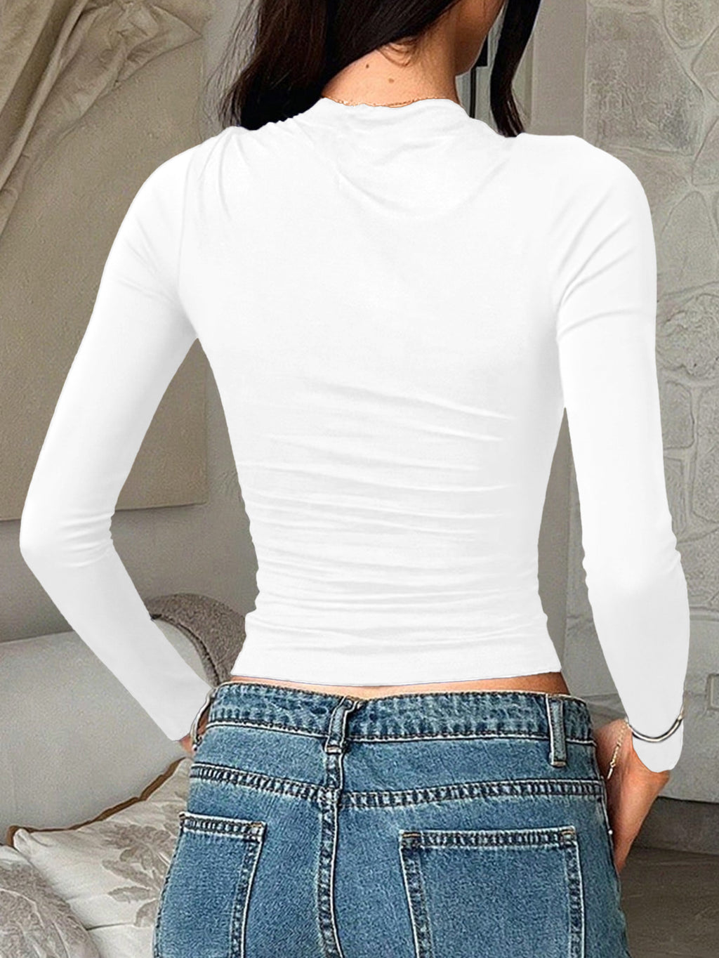 Fitted Long Sleeve Crewneck Basic Tee - White - 3