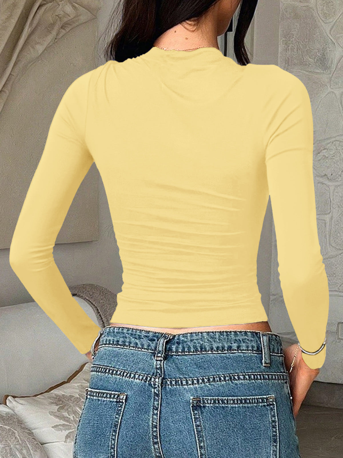 Fitted Long Sleeve Crewneck Basic Tee - Yellow - 2