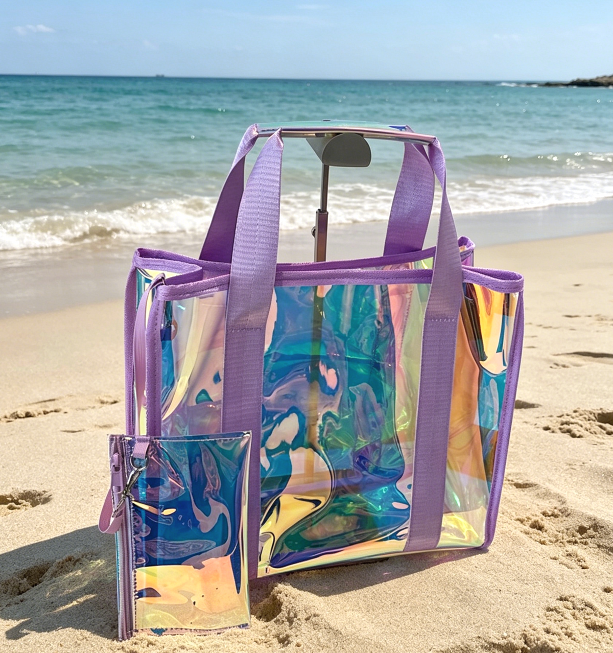 Iridescent Bow Beach Tote Bag Set - Purple