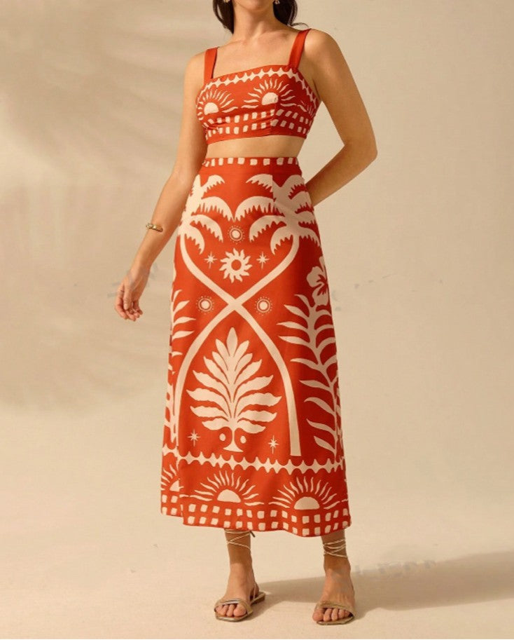 Printed Crop Cami and Midi Skirt Set - Orange