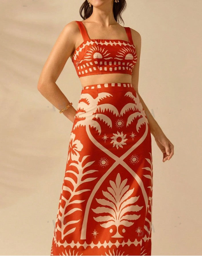 Printed Crop Cami and Midi Skirt Set - Orange - 1