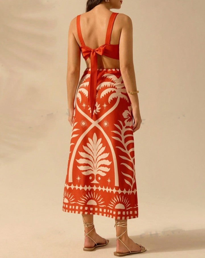 Printed Crop Cami and Midi Skirt Set - Orange - 2