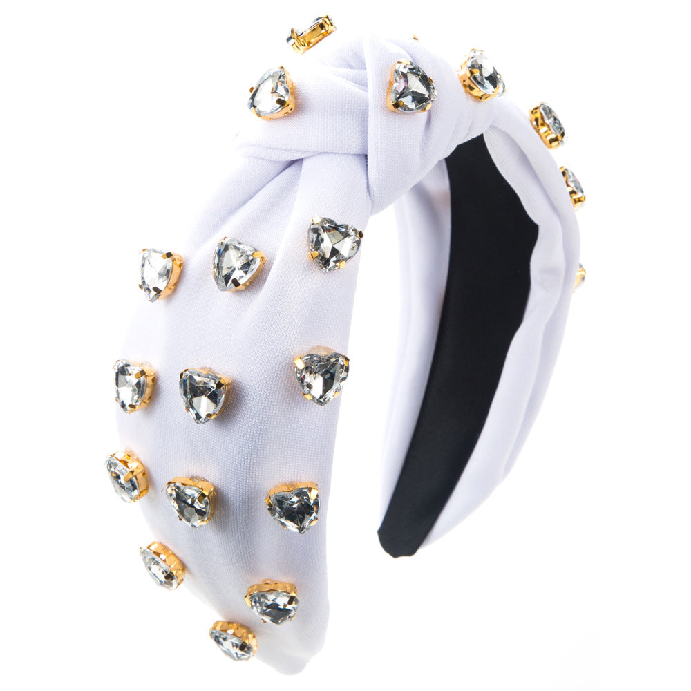 Crystal Heart Gem Knotted Headband - White
