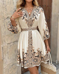 Baroque Print V-Neck Belted Mini Dress - Apricot