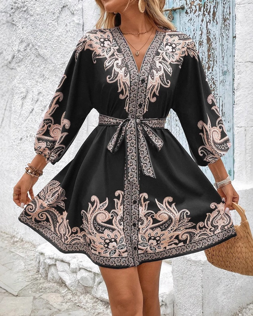 Baroque Print V-Neck Belted Mini Dress - Black