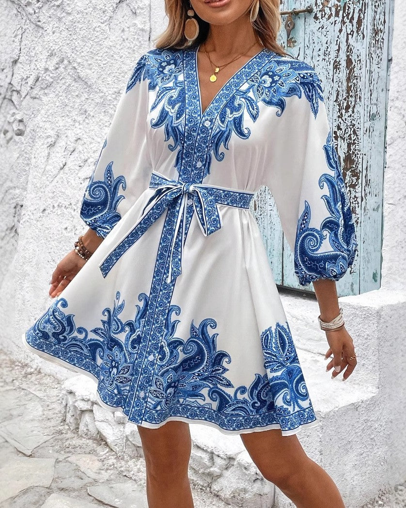 Baroque Print V-Neck Belted Mini Dress - Blue - 1