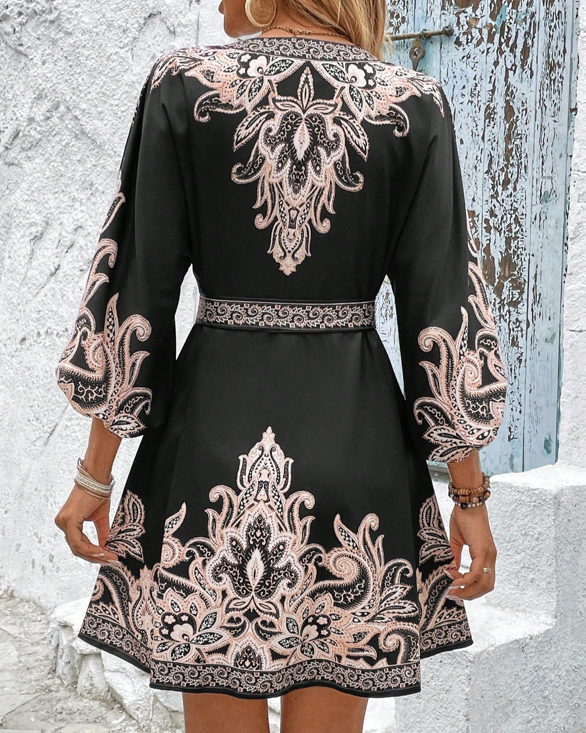Baroque Print V-Neck Belted Mini Dress - Blue - 2