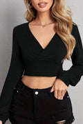 Surplice V Neck Ribbed Knit Crop Top - Black