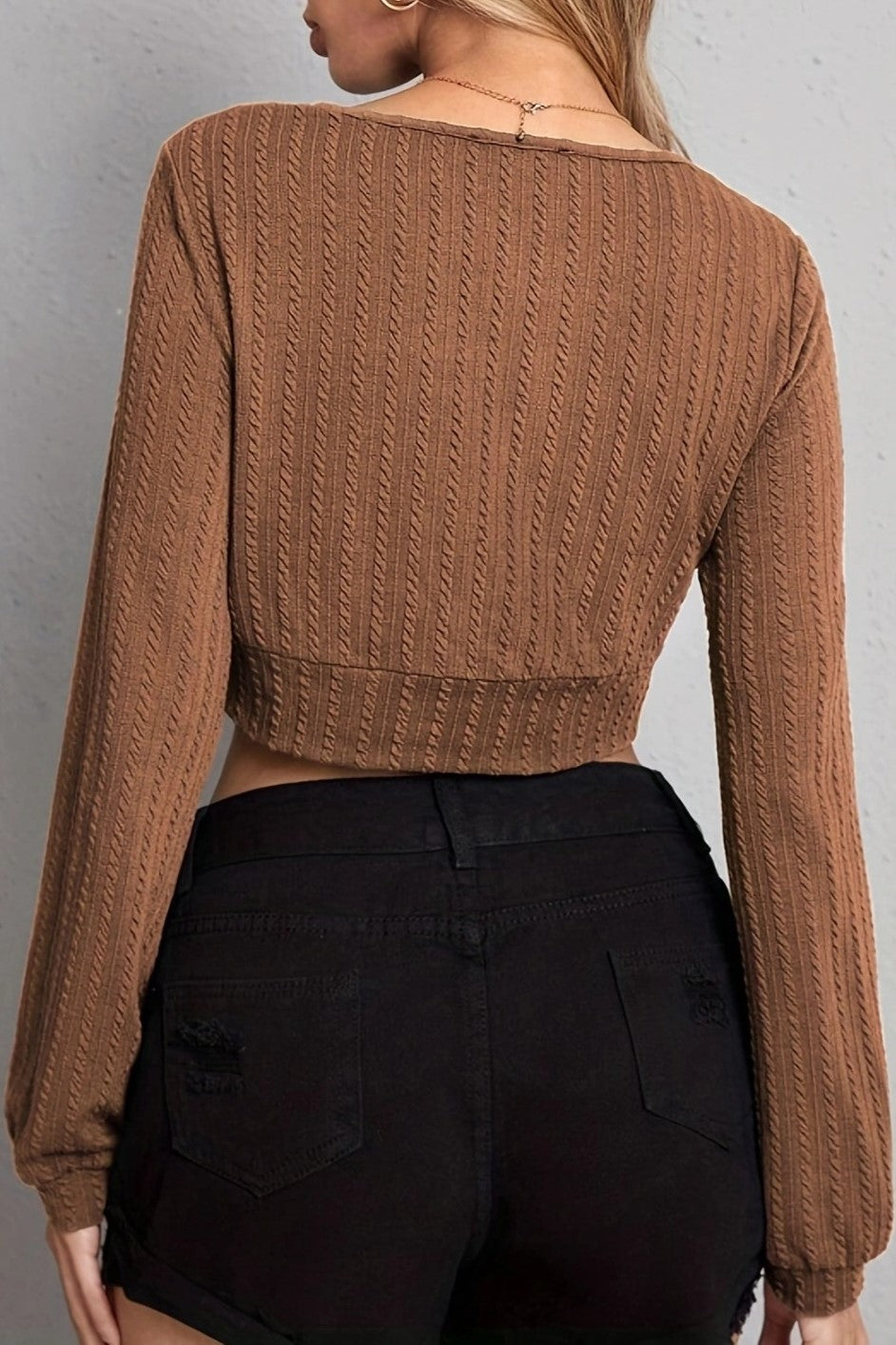 Surplice V Neck Ribbed Knit Crop Top - Brown - 3
