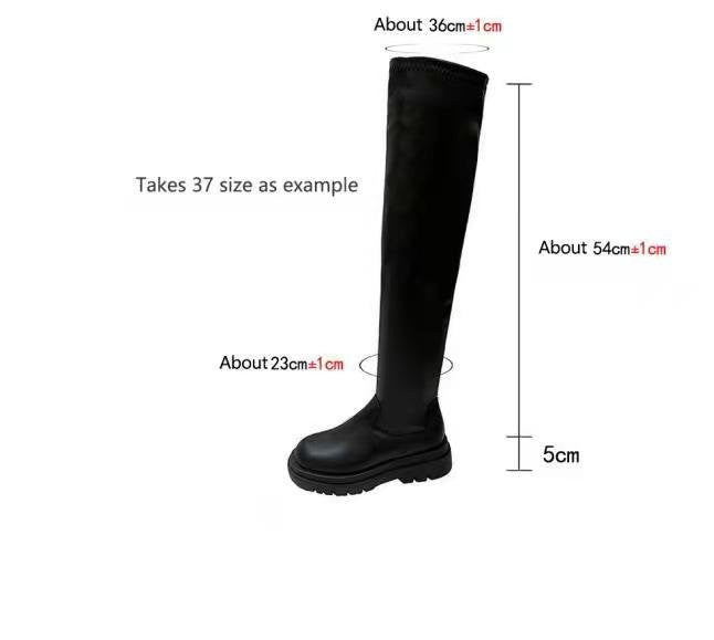 Stretch Faux Leather Lug Sole Boots - Over-Knee