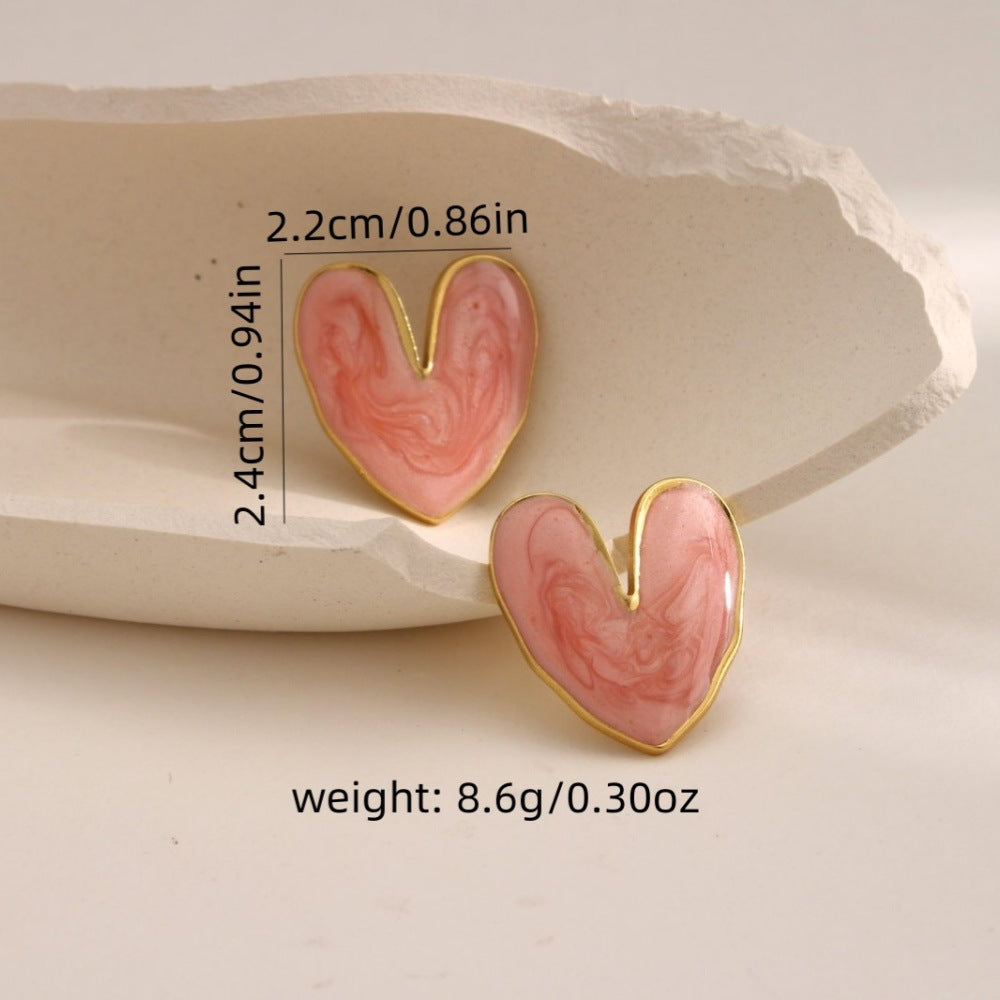 Glossy Enamel Heart Stud Earrings - RED