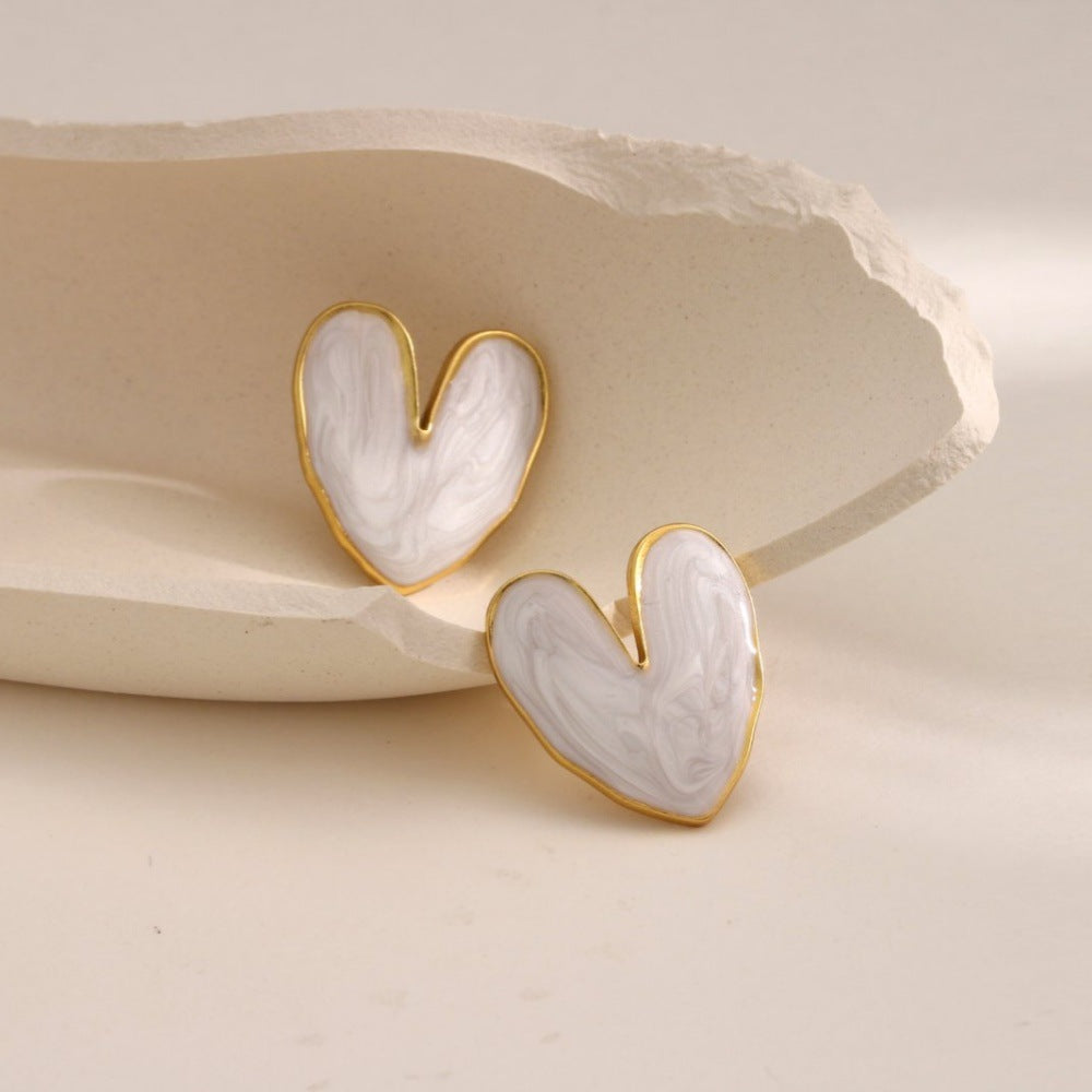 Glossy Enamel Heart Stud Earrings - WHITE