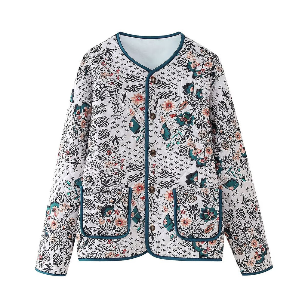 Boho Floral Quilted Contrast Trim Jacket - Green